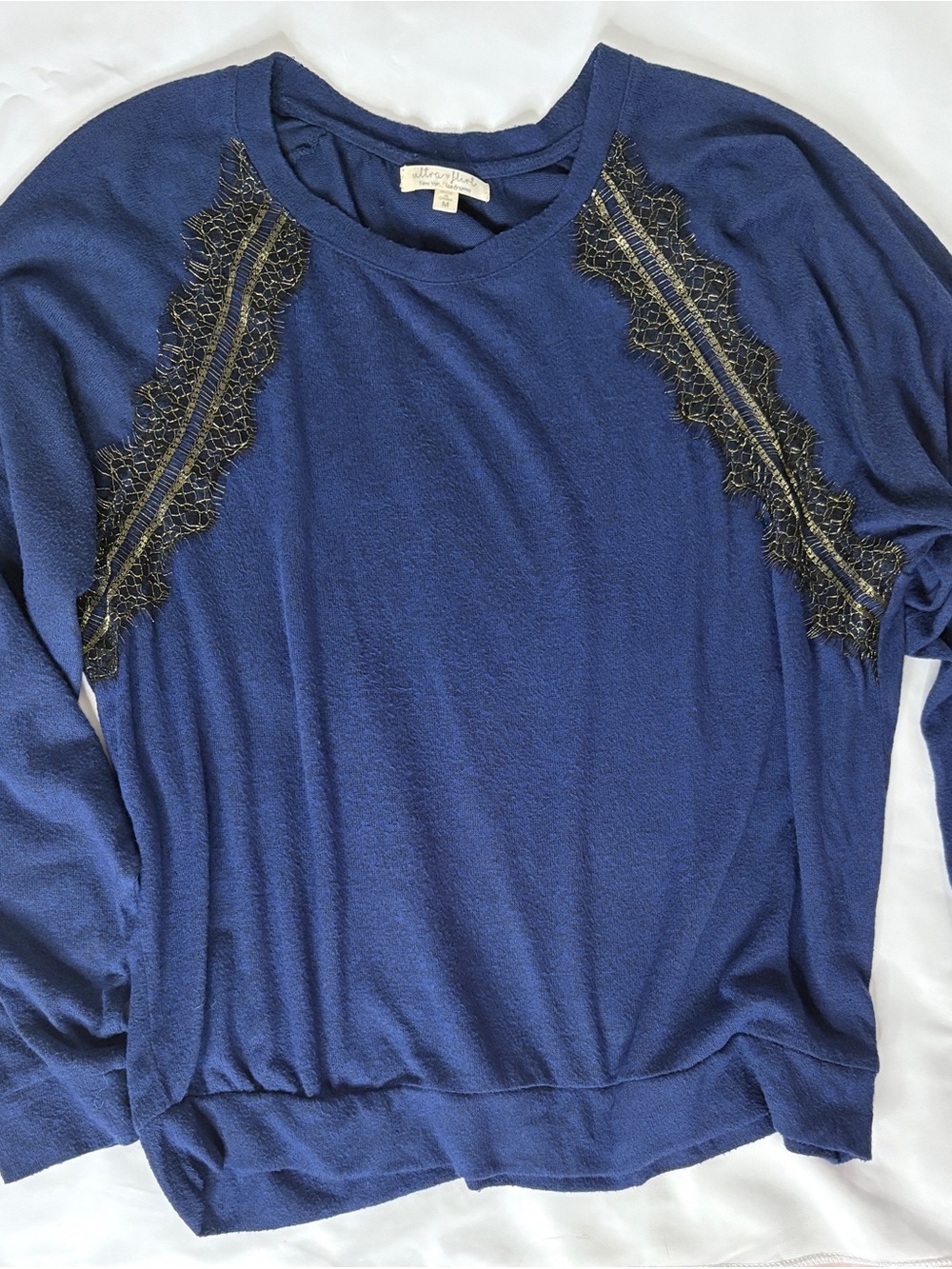 Ultra Flirt Navy Long-Sleeve Top with Black Lace Trim